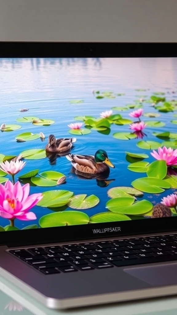 Duck-Themed Laptop Wallpaper Collection A laptop with a serene duck wallpaper showing ducks on a lake surrounded by nature.